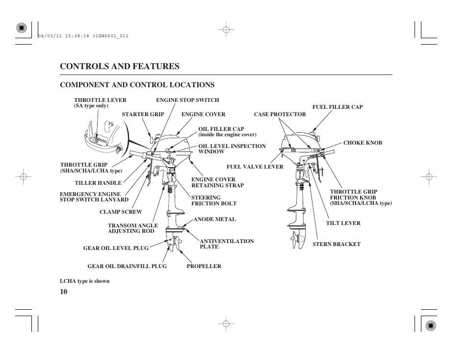 Component and control locations, Controls and features, 10 component and control locations | HONDA Outboard Motor BF2D User Manual | Page 12 / 83
