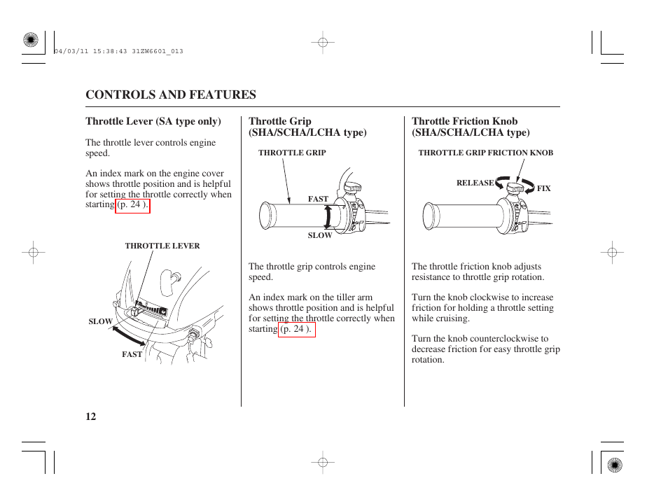 Throttle lever (sa type only), Throttle grip (sha/scha/lcha type), Throttle friction knob (sha/scha/lcha type) | Controls and features | HONDA Outboard Motor BF2D User Manual | Page 14 / 83