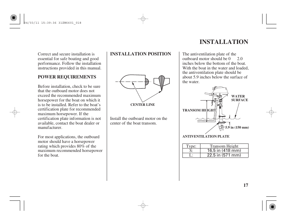 Installation, Power requirements, Installation position | HONDA Outboard Motor BF2D User Manual | Page 19 / 83