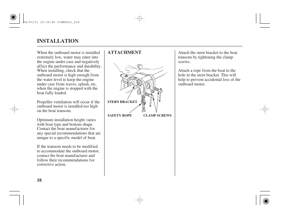 Attachment, Installation | HONDA Outboard Motor BF2D User Manual | Page 20 / 83