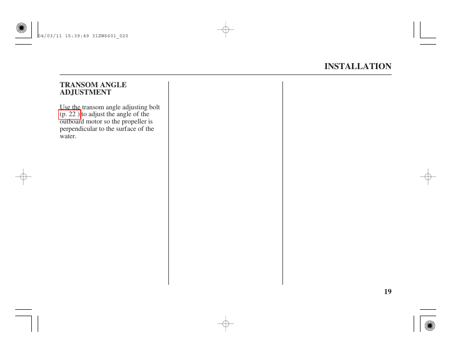 Transom angle adjustment | HONDA Outboard Motor BF2D User Manual | Page 21 / 83