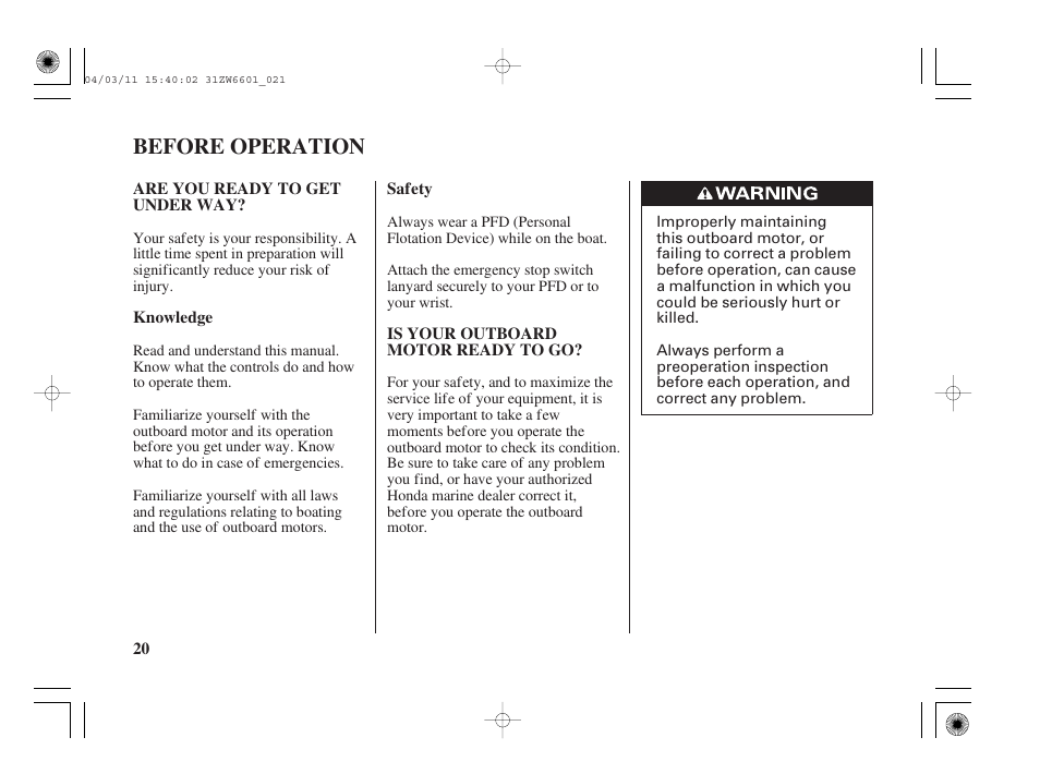 Before operation, Are you ready to get under way, Is your outboard motor ready to go | HONDA Outboard Motor BF2D User Manual | Page 22 / 83