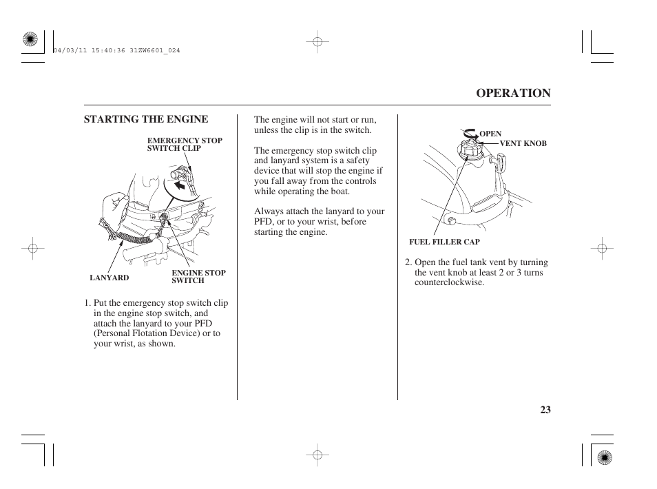 Starting the engine, Operation | HONDA Outboard Motor BF2D User Manual | Page 25 / 83