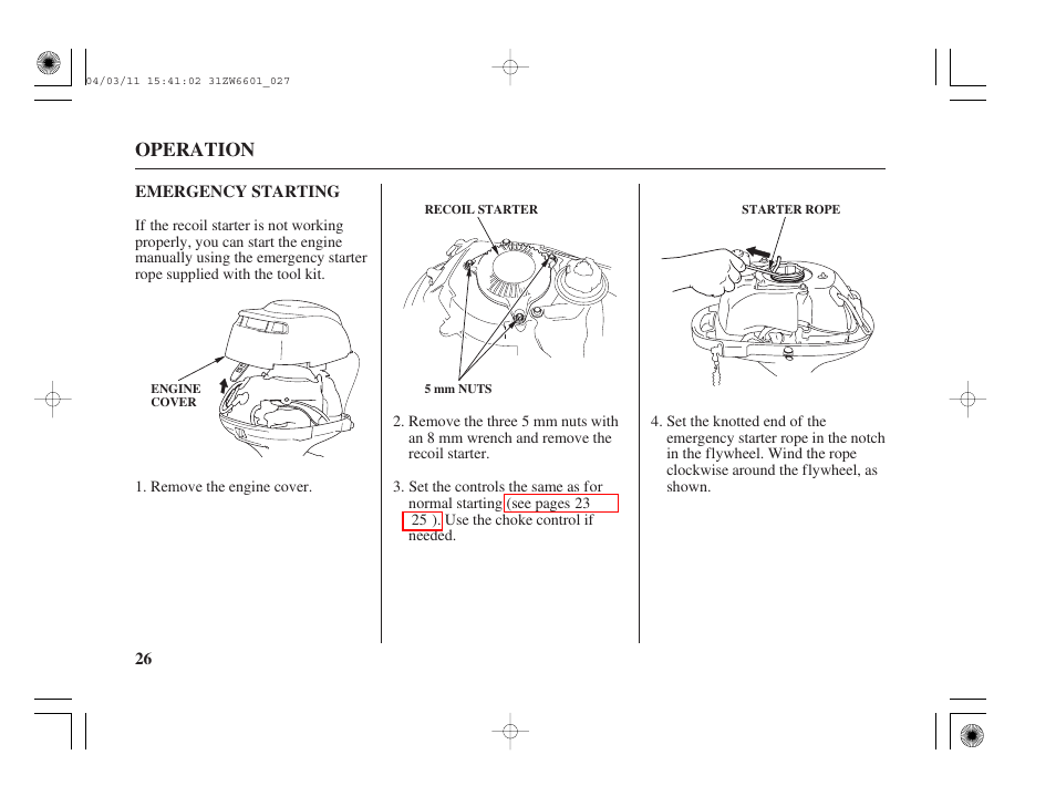 Emergency starting, Operation | HONDA Outboard Motor BF2D User Manual | Page 28 / 83