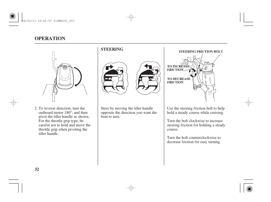 Steering, Operation | HONDA Outboard Motor BF2D User Manual | Page 34 / 83