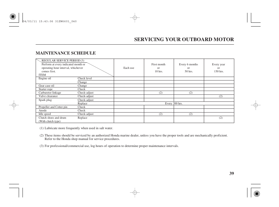 Maintenance schedule, Servicing your outboard motor, 39 maintenance schedule | HONDA Outboard Motor BF2D User Manual | Page 41 / 83