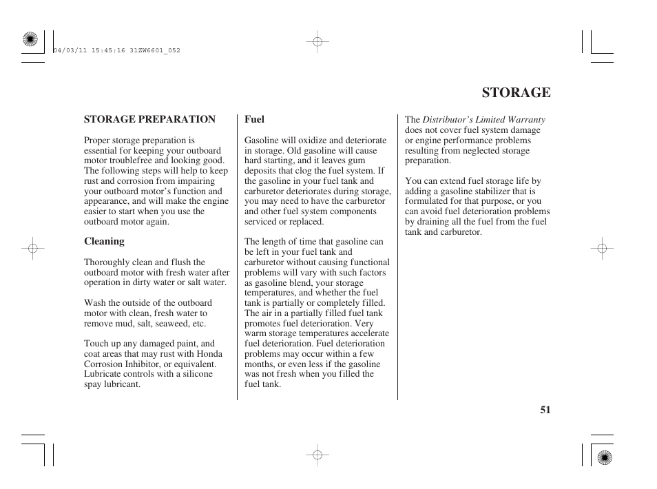 Storage, Storage preparation, Cleaning | Fuel | HONDA Outboard Motor BF2D User Manual | Page 53 / 83