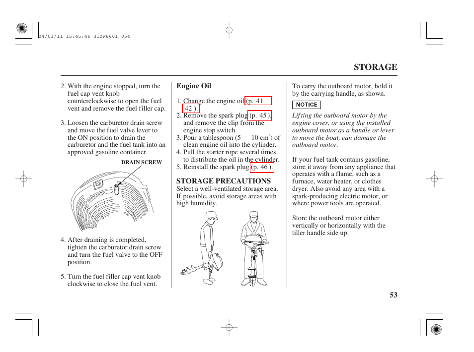 Engine oil, Storage precautions | HONDA Outboard Motor BF2D User Manual | Page 55 / 83