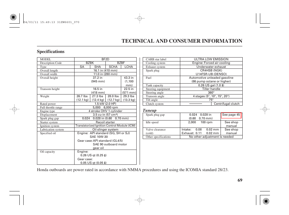 Specifications, Technical and consumer information, 69 specifications | Tuneup | HONDA Outboard Motor BF2D User Manual | Page 71 / 83