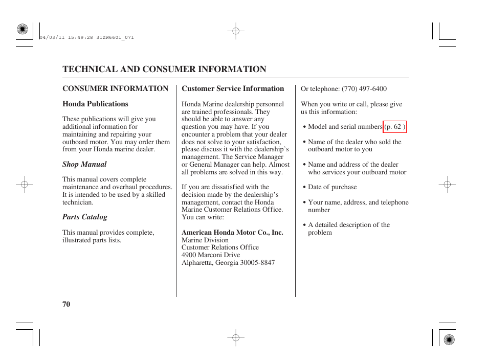 Consumer information, Honda publications, Customer service information | HONDA Outboard Motor BF2D User Manual | Page 72 / 83