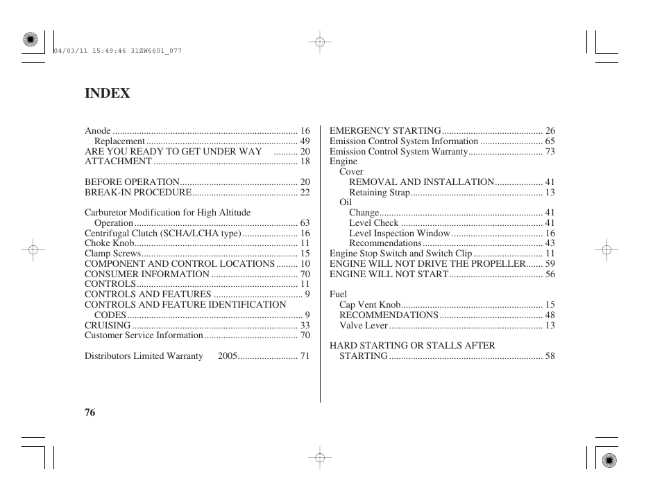 Index | HONDA Outboard Motor BF2D User Manual | Page 78 / 83