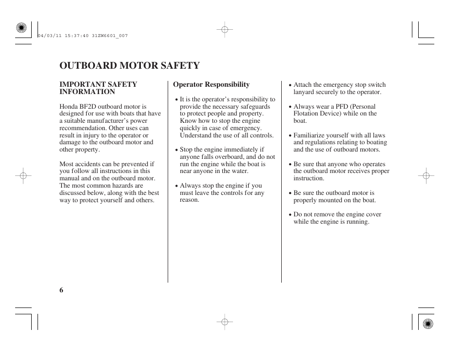 Outboard motor safety, Important safety information | HONDA Outboard Motor BF2D User Manual | Page 8 / 83