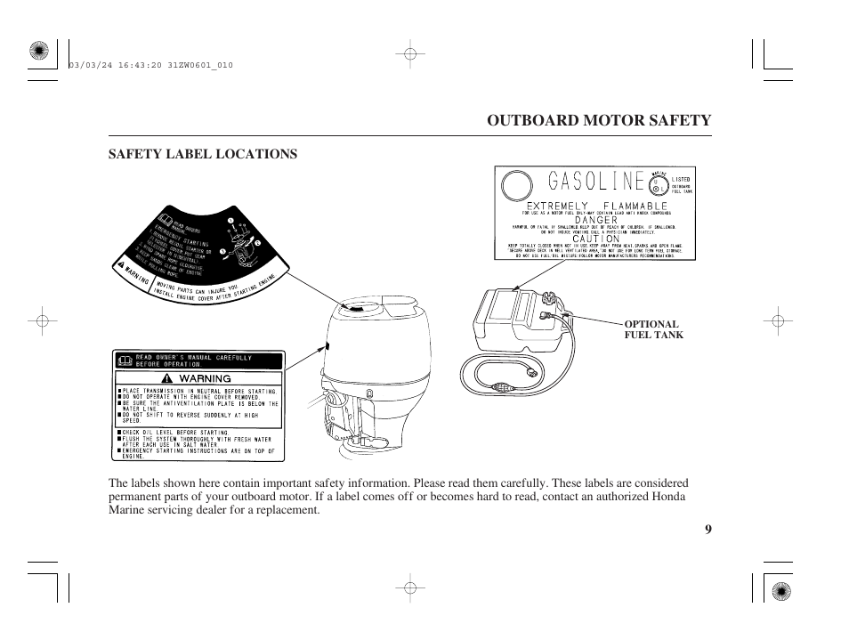 Safety label locations | HONDA Outboard Motor BF90A User Manual | Page 11 / 130