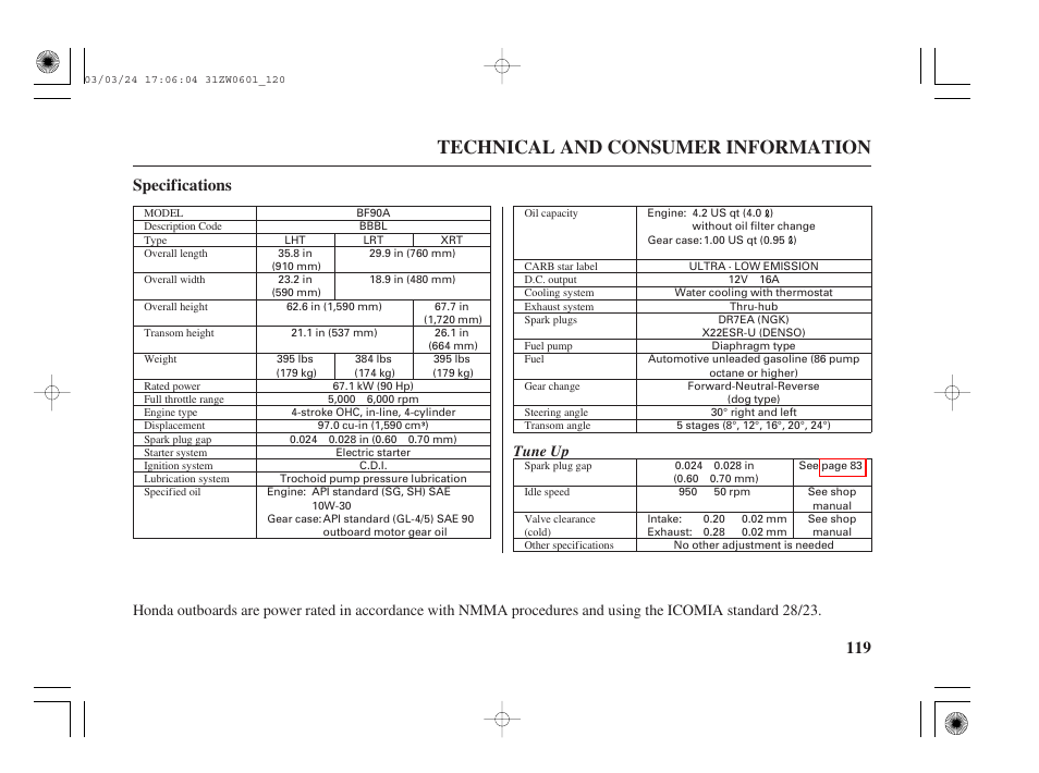 Technical and consumer information, 119 specifications, Tune up | HONDA Outboard Motor BF90A User Manual | Page 121 / 130