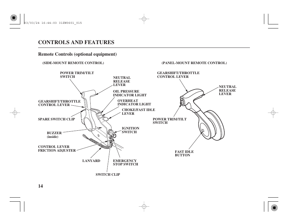 Controls and features | HONDA Outboard Motor BF90A User Manual | Page 16 / 130