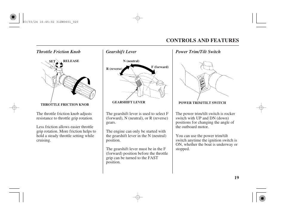 Controls and features | HONDA Outboard Motor BF90A User Manual | Page 21 / 130
