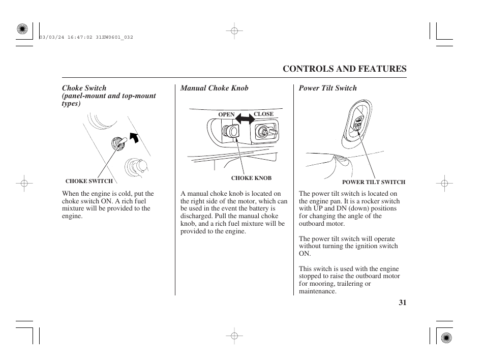 Controls and features | HONDA Outboard Motor BF90A User Manual | Page 33 / 130