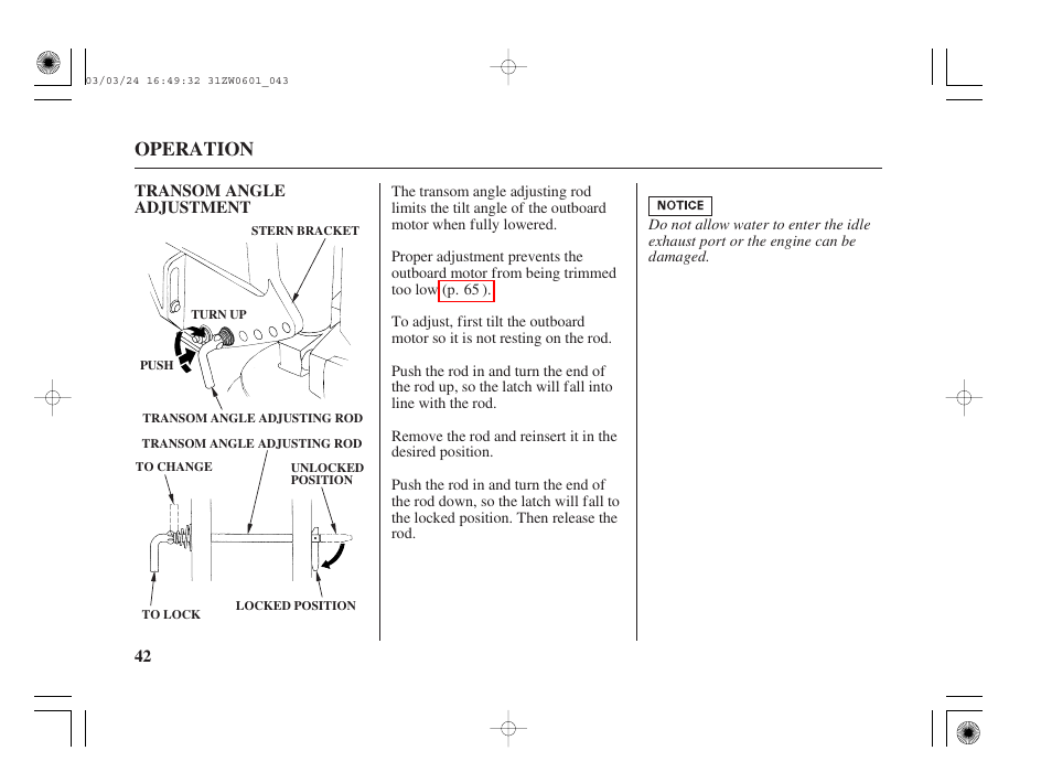 Transom angle adjustment, Operation | HONDA Outboard Motor BF90A User Manual | Page 44 / 130