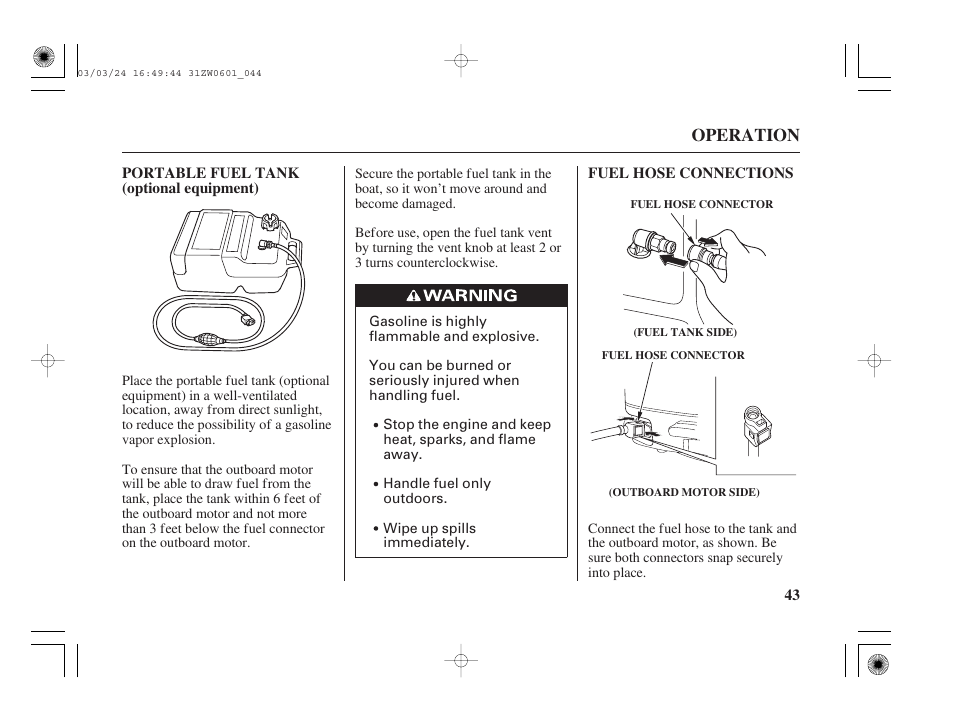 Portable fuel tank, Fuel hose connections | HONDA Outboard Motor BF90A User Manual | Page 45 / 130
