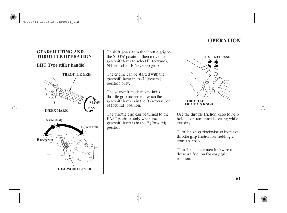 Gearshifting and throttle operation, Operation | HONDA Outboard Motor BF90A User Manual | Page 63 / 130