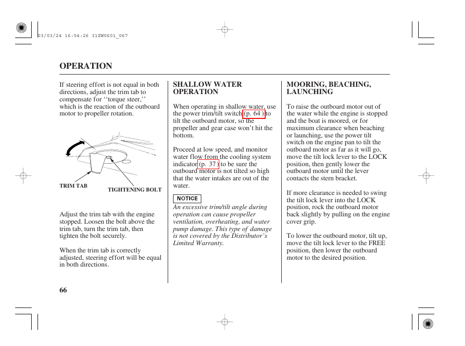 Shallow water operation, Mooring, beaching, launching | HONDA Outboard Motor BF90A User Manual | Page 68 / 130