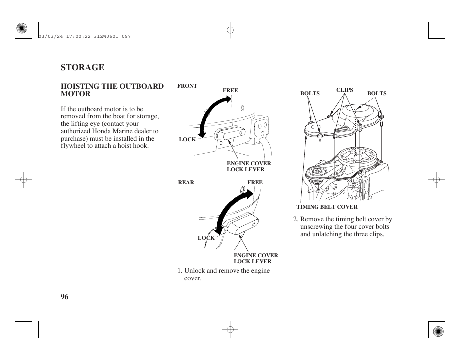Hoisting the outboard motor, Storage | HONDA Outboard Motor BF90A User Manual | Page 98 / 130