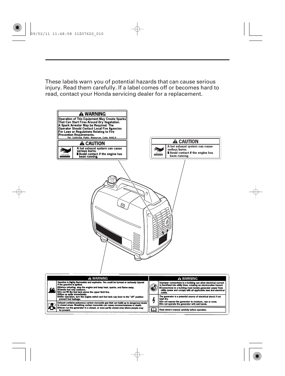 Safety label locations, 9generator safety | HONDA EU2000i User Manual | Page 11 / 96