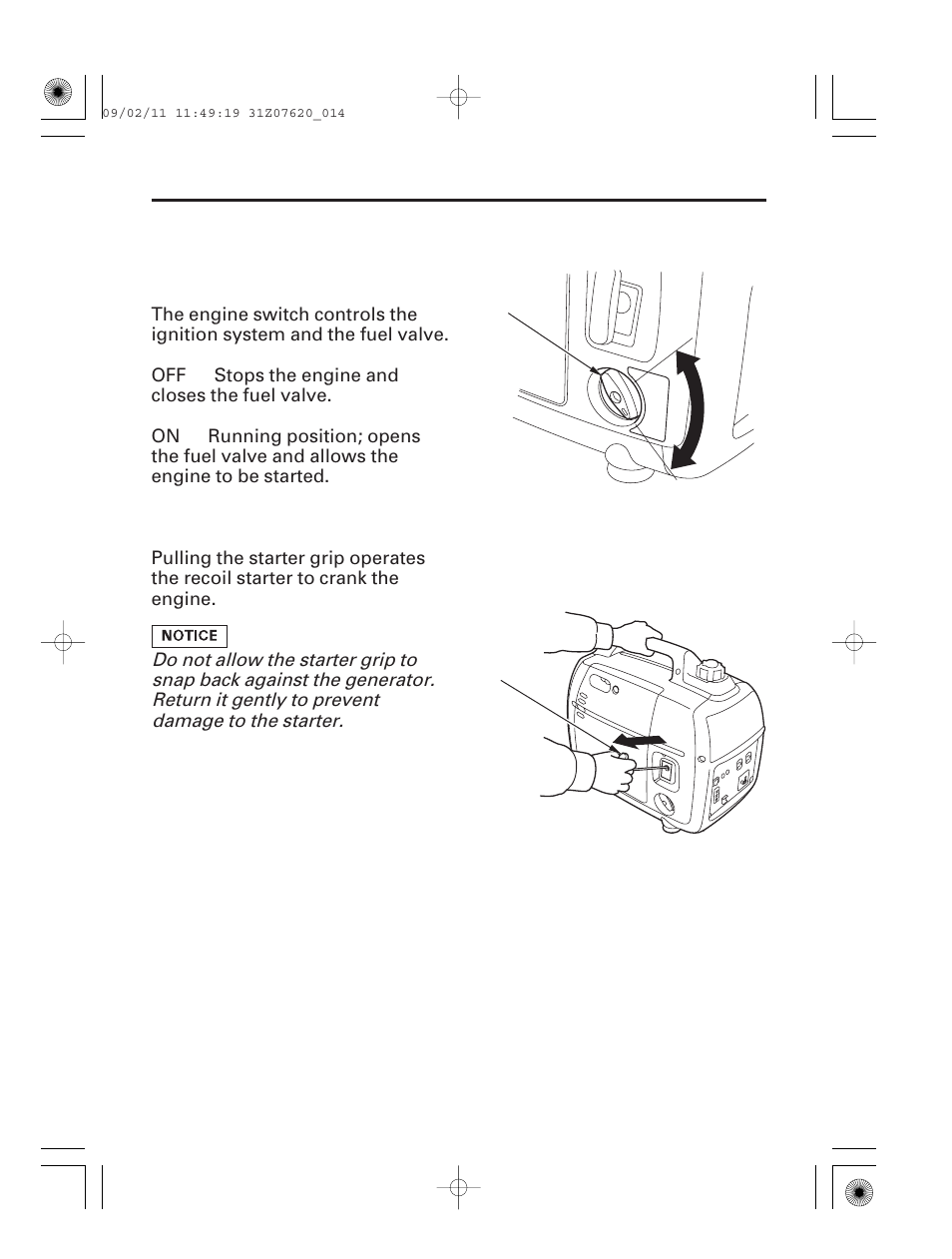 Controls, Engine switch, Starter grip | 13 controls & features | HONDA EU2000i User Manual | Page 15 / 96