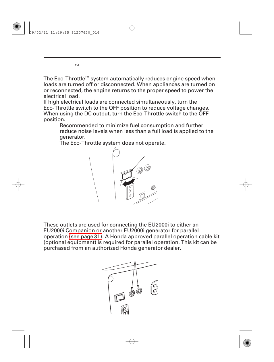 Eco-throttle™ switch, Parallel operation outlets, 15 controls & features | HONDA EU2000i User Manual | Page 17 / 96