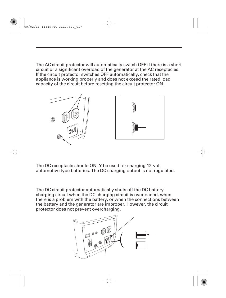 Ac circuit protector, Dc receptacle, Dc circuit protector | 16 controls & features | HONDA EU2000i User Manual | Page 18 / 96