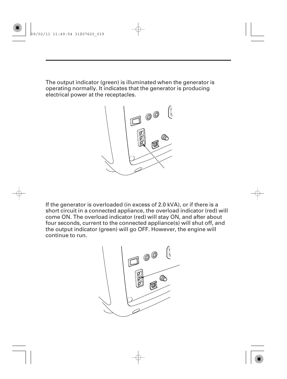 Output indicator, Overload indicator, 18 controls & features | HONDA EU2000i User Manual | Page 20 / 96