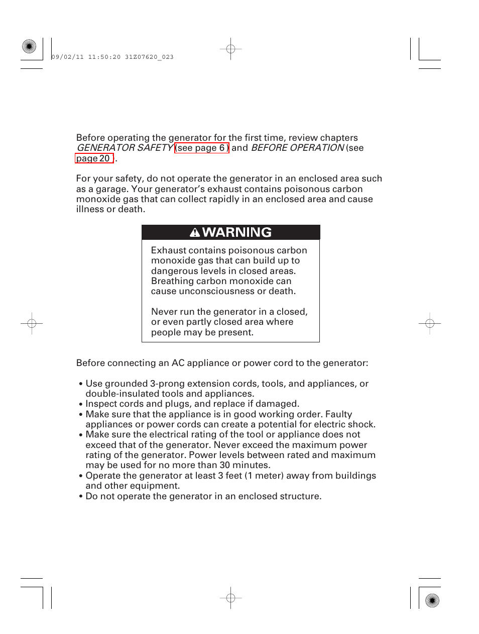 Operation, Safe operating precautions | HONDA EU2000i User Manual | Page 24 / 96