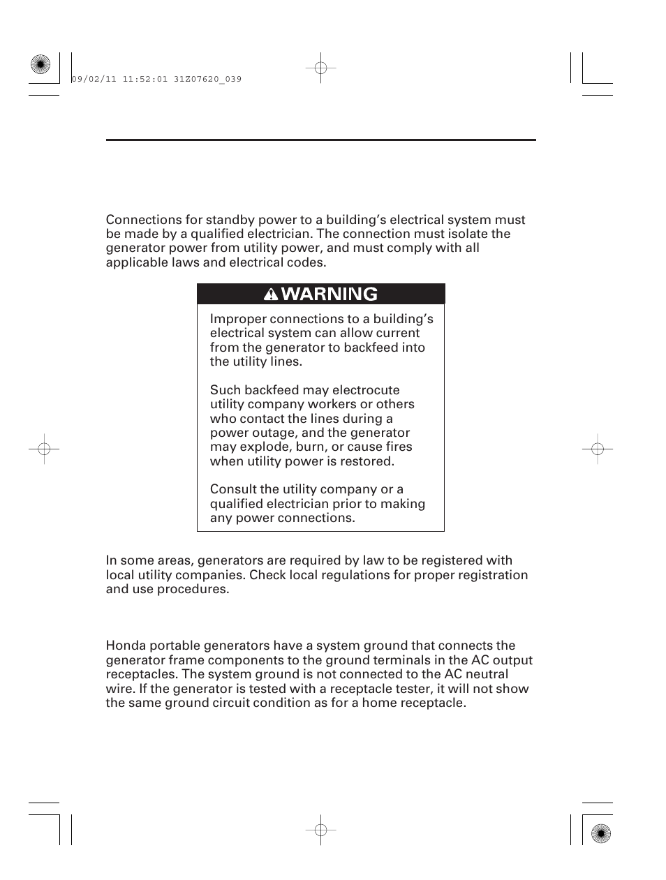 Standby power, Connections to a building's electrical system, System ground | 38 operation | HONDA EU2000i User Manual | Page 40 / 96