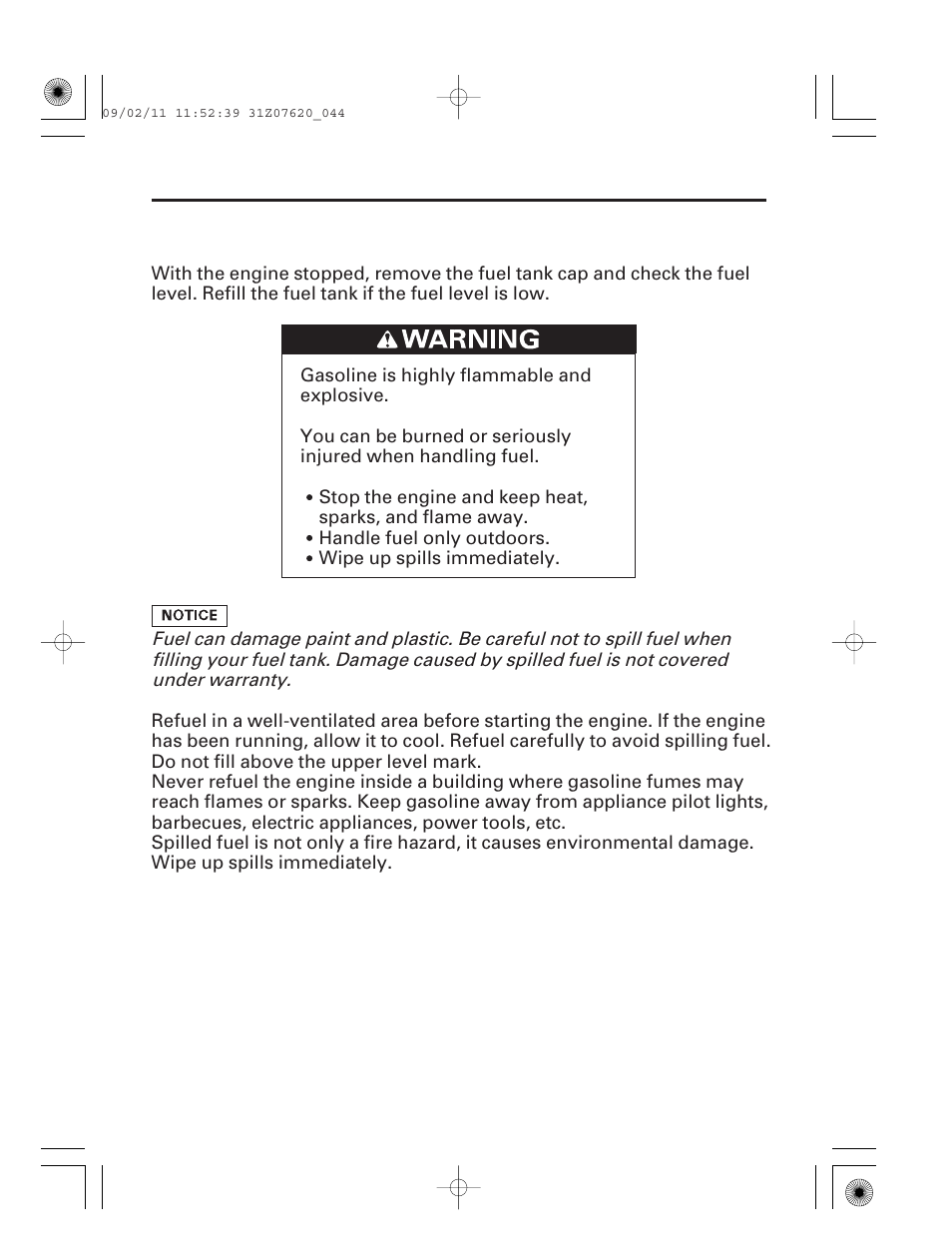 Refueling, 43 servicing your generator | HONDA EU2000i User Manual | Page 45 / 96