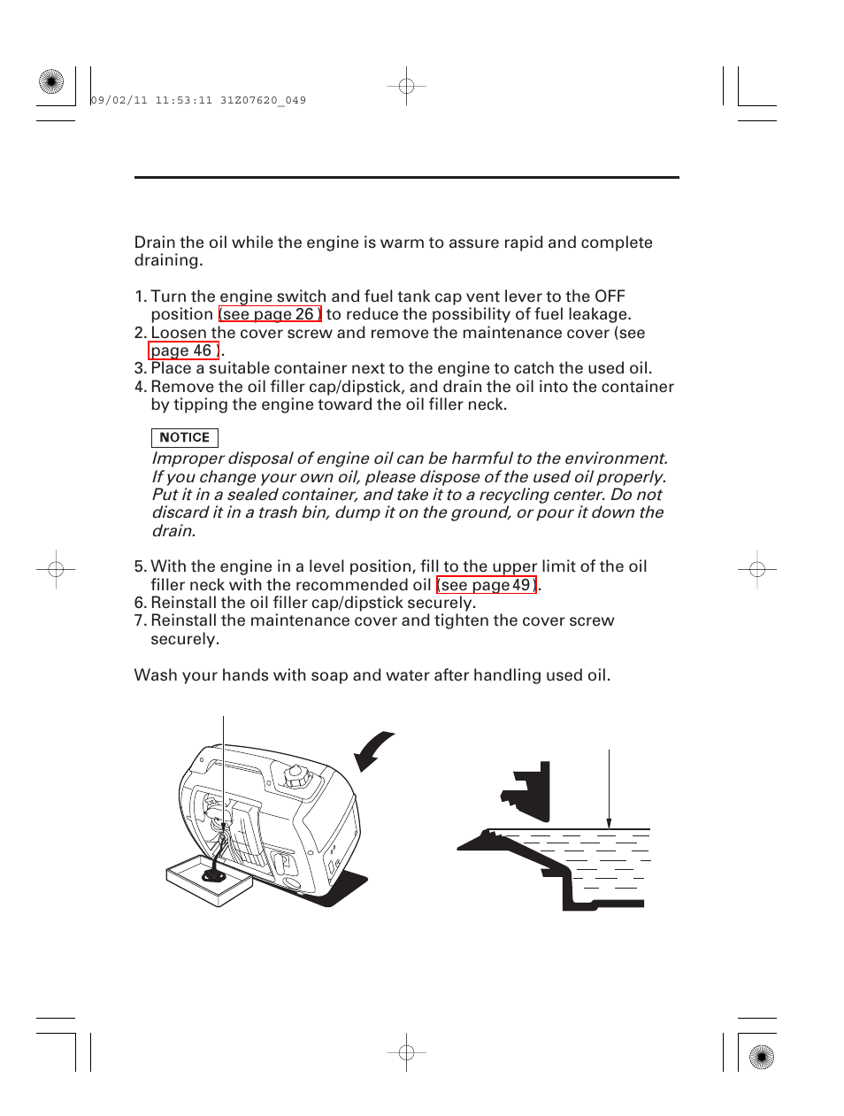 Engine oil change, 48 servicing your generator | HONDA EU2000i User Manual | Page 50 / 96