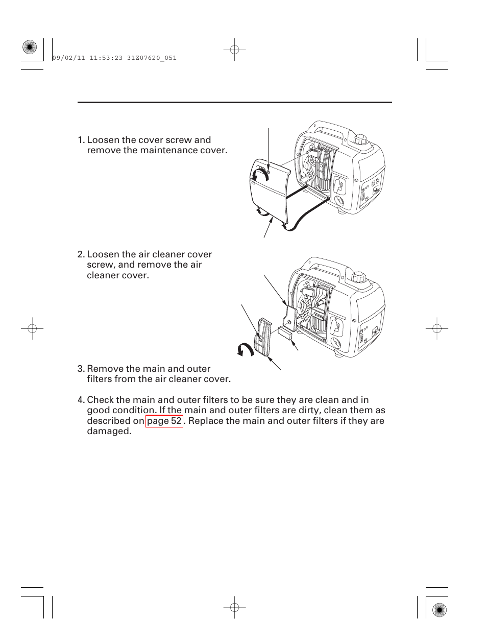 Air cleaner service, 50 servicing your generator | HONDA EU2000i User Manual | Page 52 / 96
