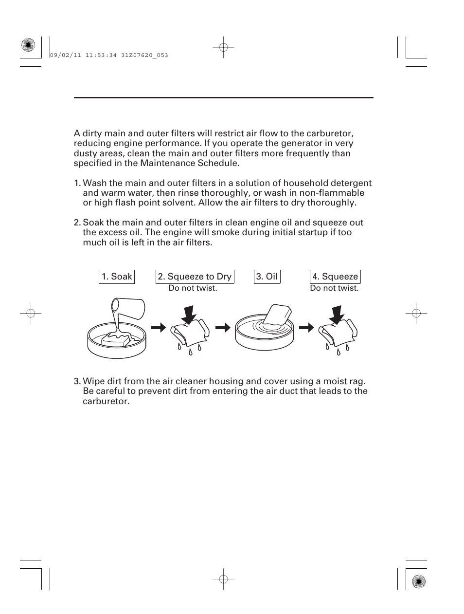 Main and outer filter cleaning, 52 servicing your generator | HONDA EU2000i User Manual | Page 54 / 96