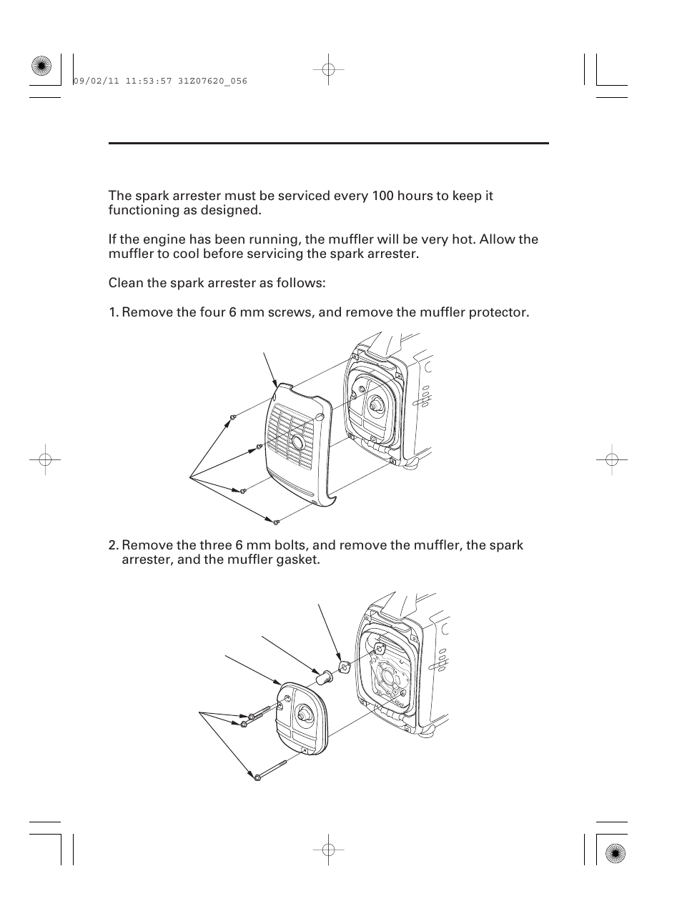 Spark arrester service, 55 servicing your generator | HONDA EU2000i User Manual | Page 57 / 96