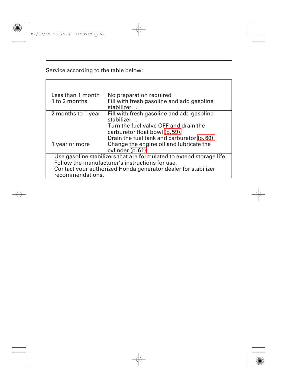 58 storage | HONDA EU2000i User Manual | Page 60 / 96