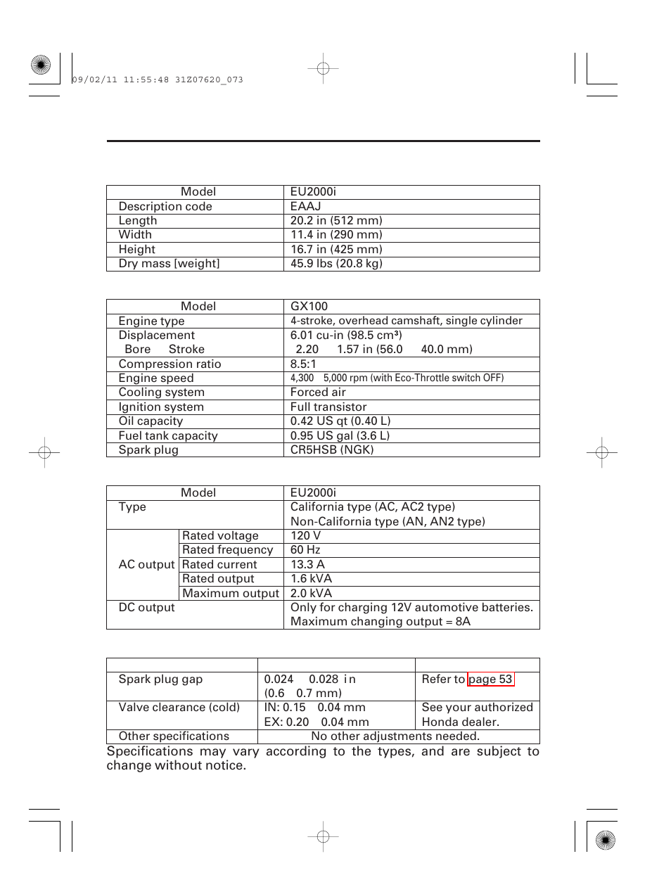 Specifications, 72 technical & consumer information | HONDA EU2000i User Manual | Page 74 / 96