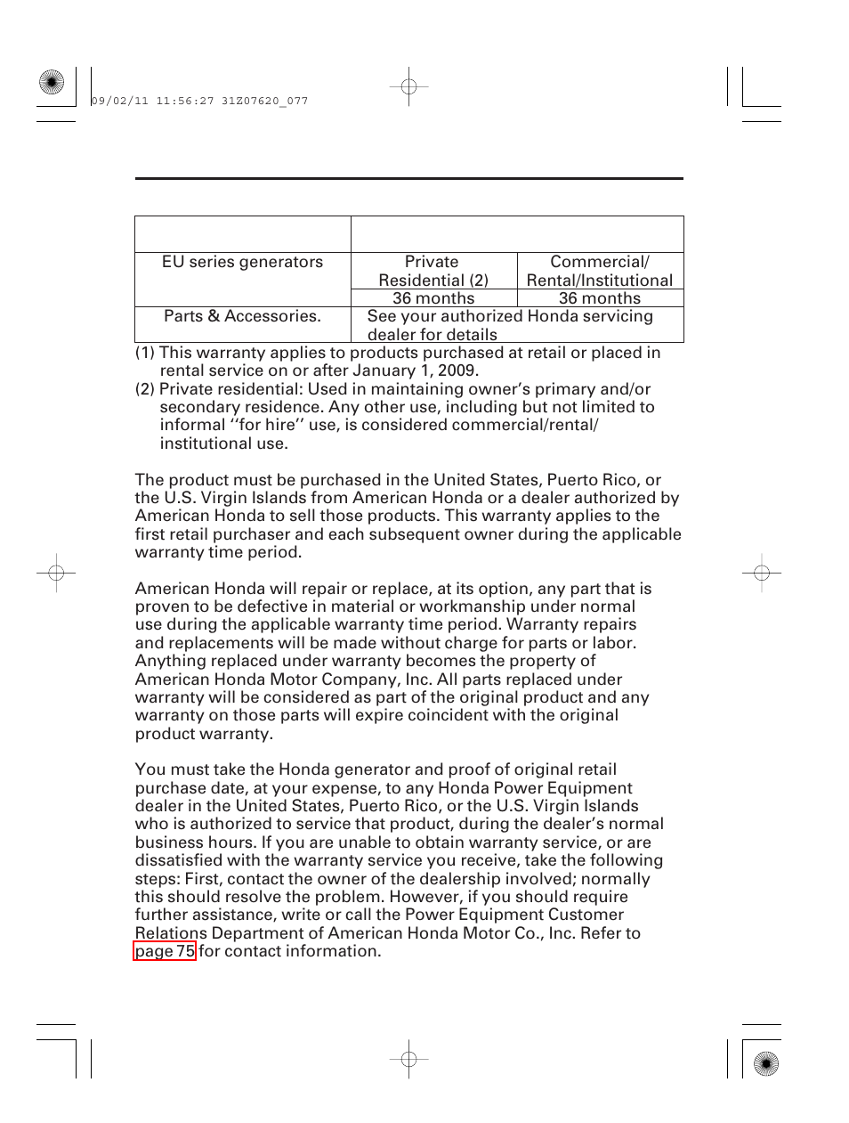 Distributor's limited warranty, 76 technical & consumer information | HONDA EU2000i User Manual | Page 78 / 96