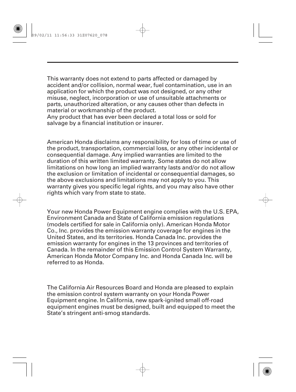 Emission control system warranty, 77 technical & consumer information | HONDA EU2000i User Manual | Page 79 / 96