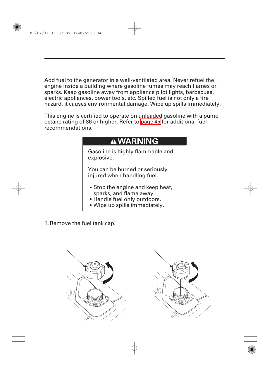 Fuel, 83 initial use instructions | HONDA EU2000i User Manual | Page 85 / 96