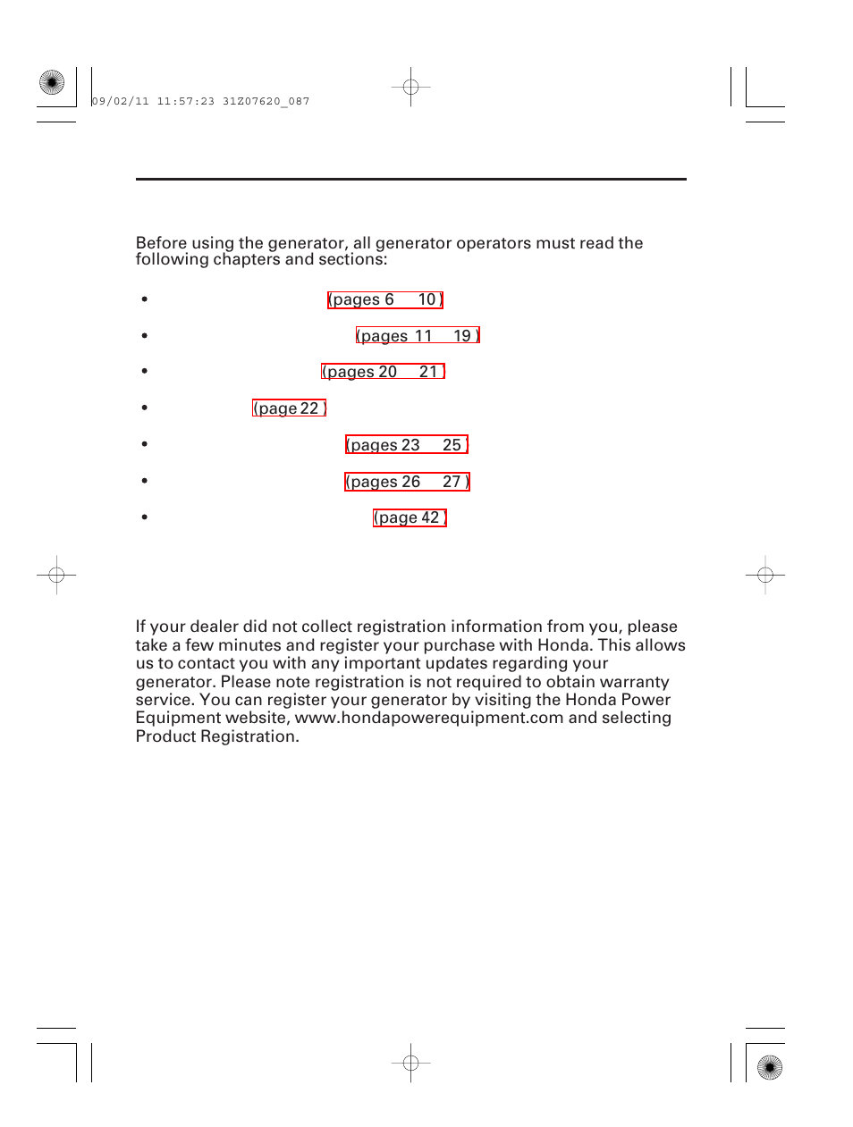 Before operation, Registration, 86 initial use instructions | HONDA EU2000i User Manual | Page 88 / 96