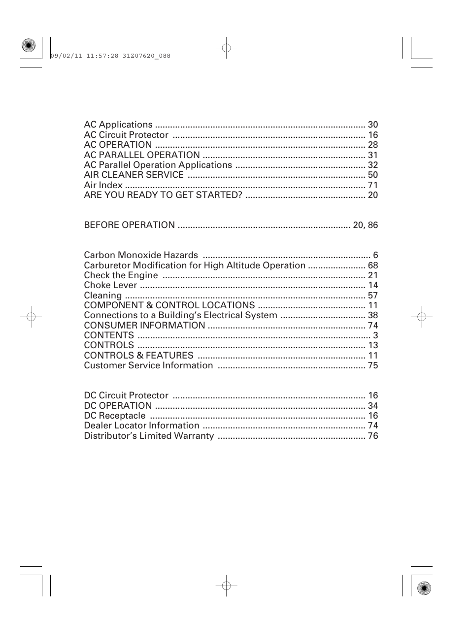 Index | HONDA EU2000i User Manual | Page 89 / 96