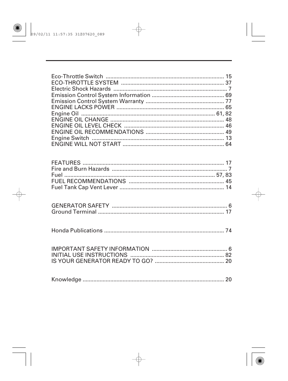 88 index | HONDA EU2000i User Manual | Page 90 / 96