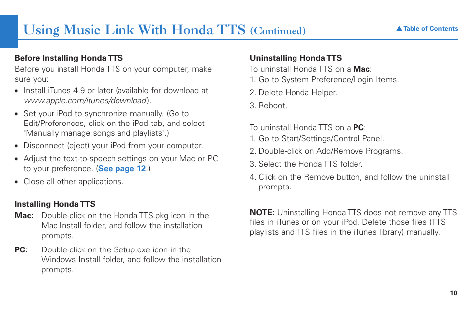Using music link with honda tts | HONDA S2000 User Manual | Page 10 / 21