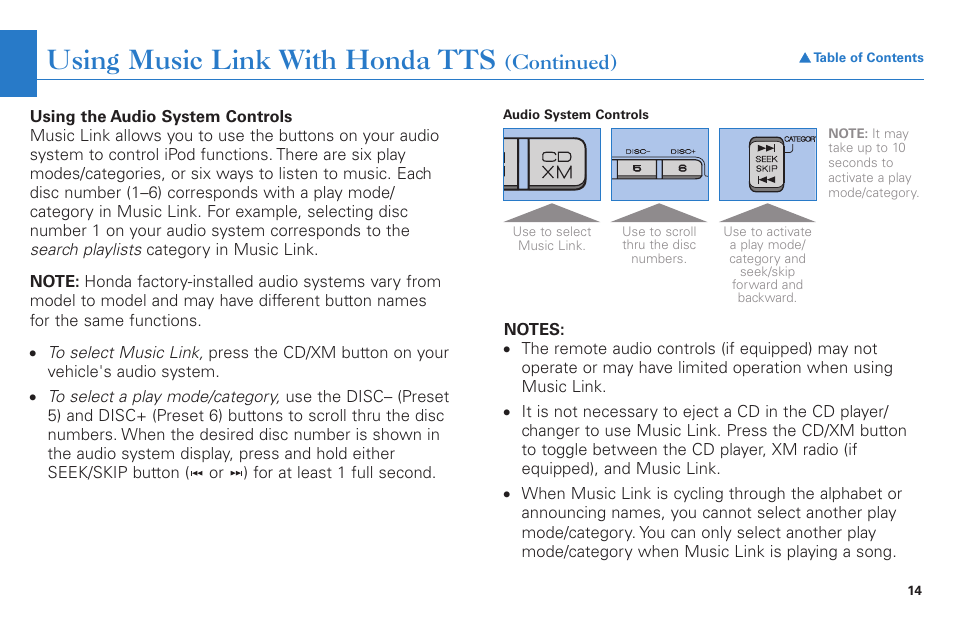 Using music link with honda tts, Continued) | HONDA S2000 User Manual | Page 14 / 21