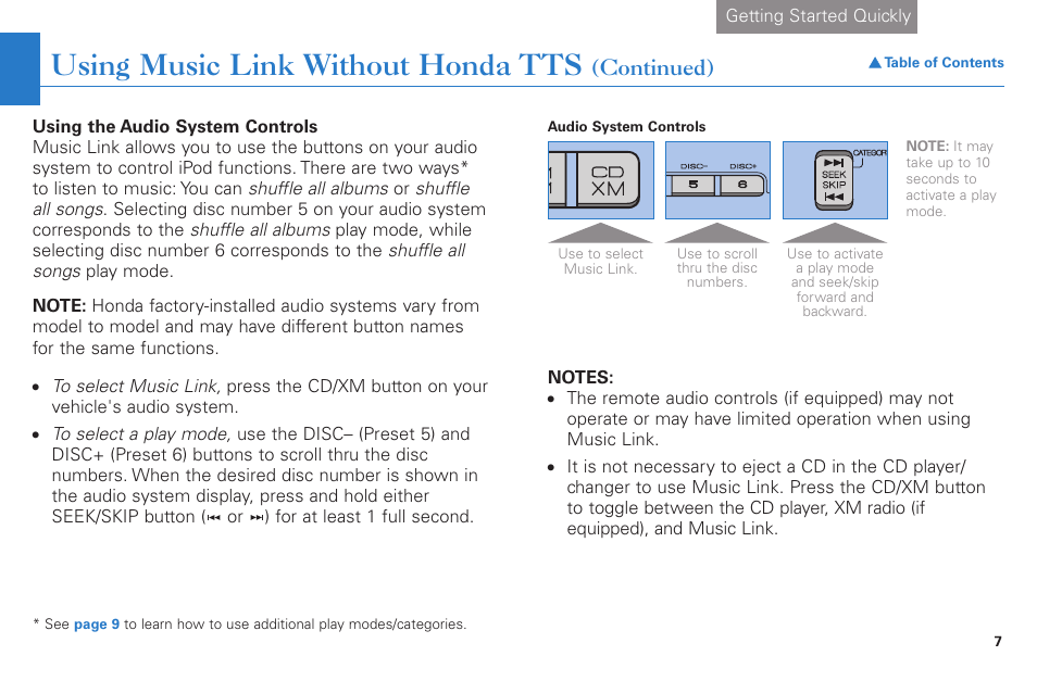 Using music link without honda tts, Continued) | HONDA S2000 User Manual | Page 7 / 21