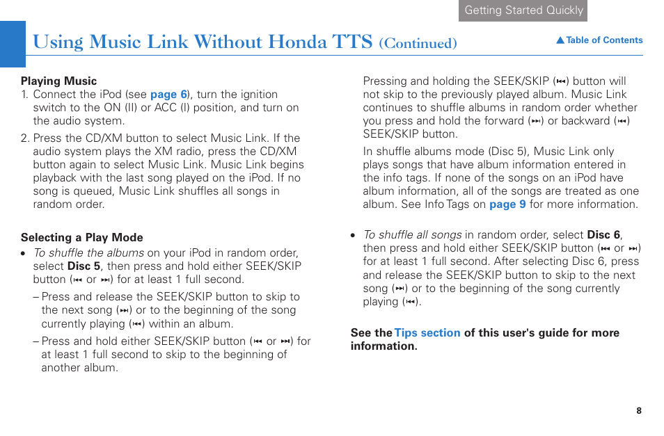 Using music link without honda tts | HONDA S2000 User Manual | Page 8 / 21